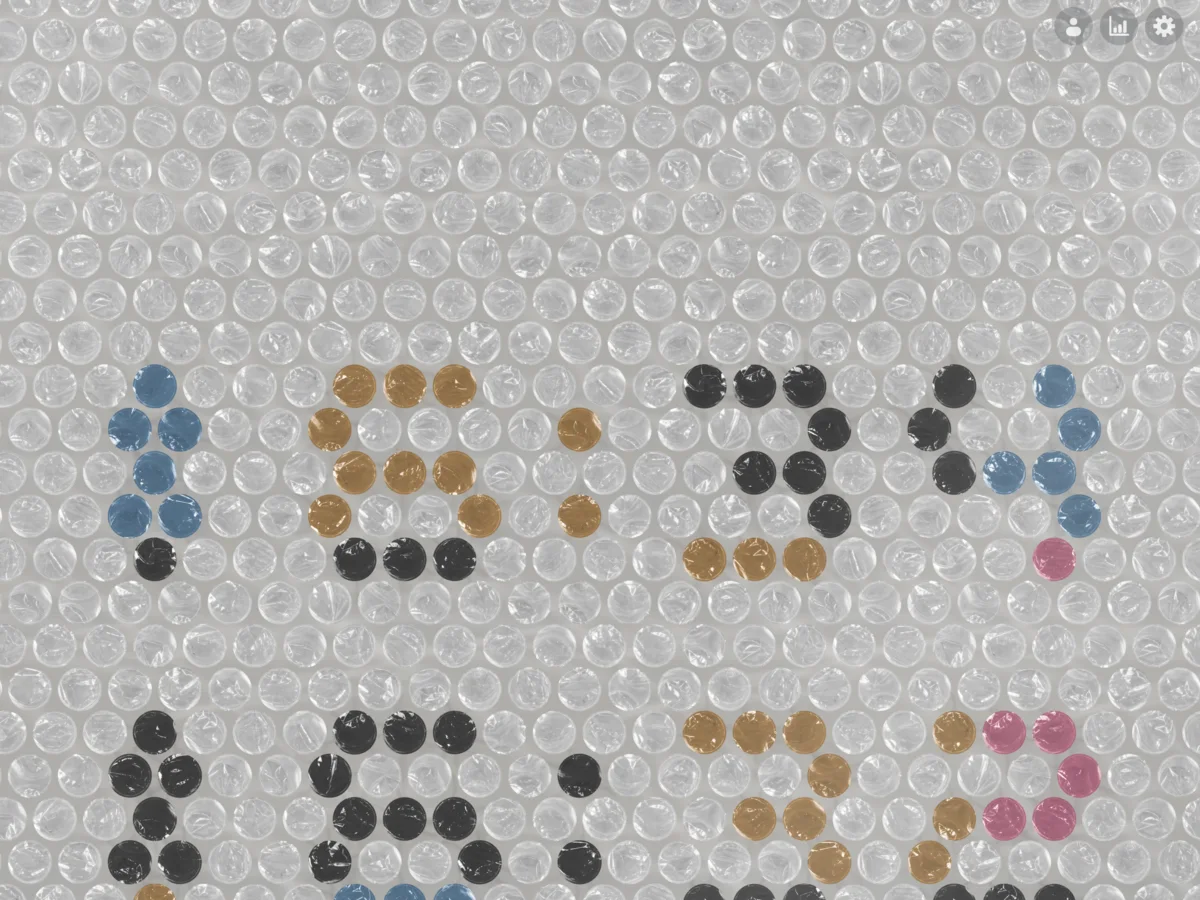 POP88 on a landscape iPad, with the current time drawn in coloured bubbles.
